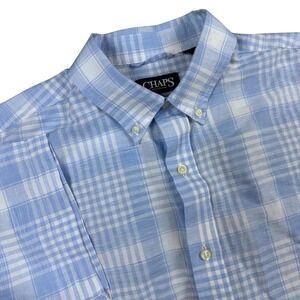 Chaps Mens Blue White Plaid Linen Cotton Short Sleeve Button Down Shirt Large